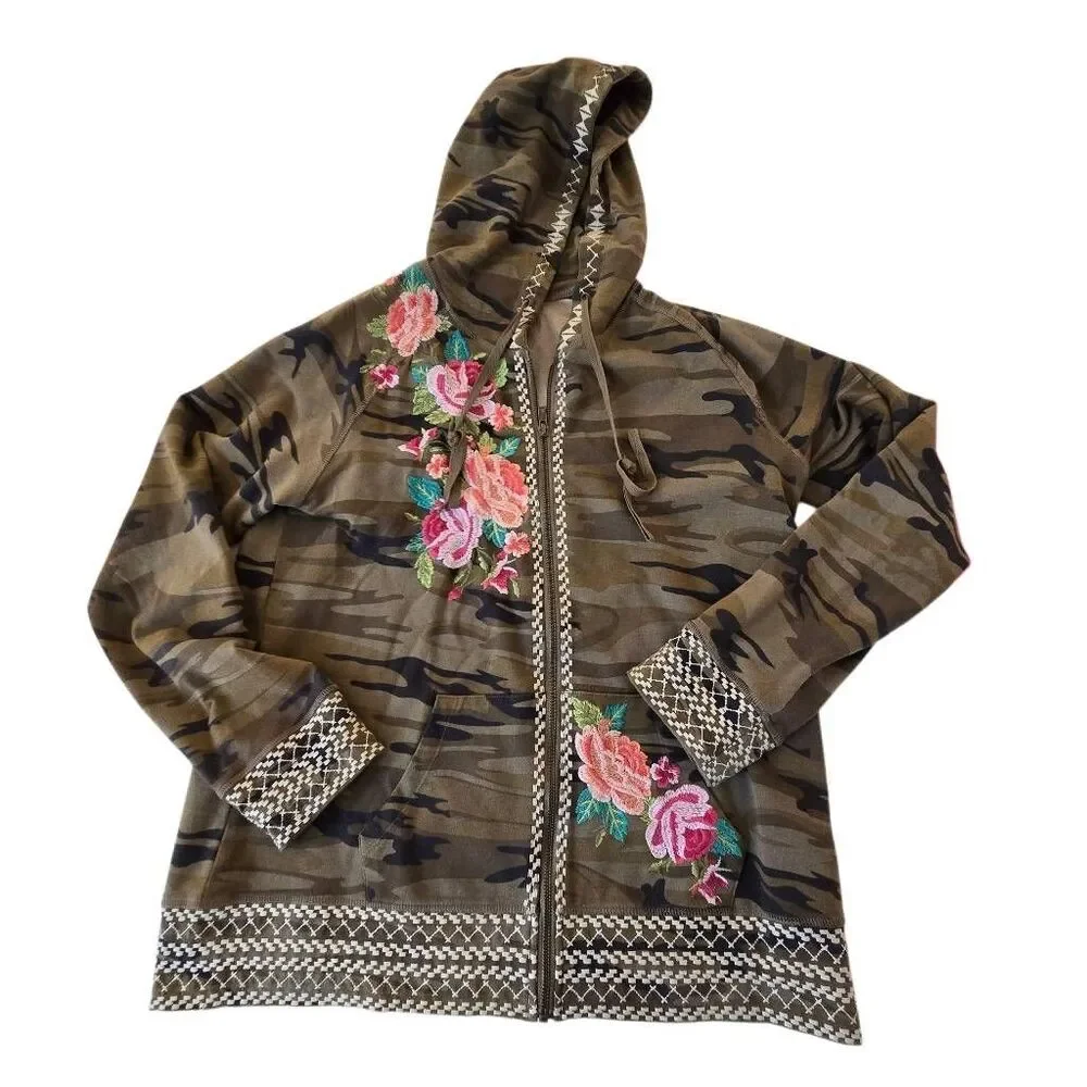 Johnny Was Womens Floral Camo Embroidered Zip Up Hoodie Green Pink Size Large